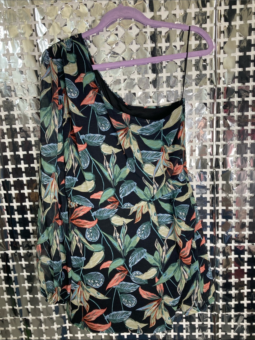 Fashion Nova One-Shoulder Black Dress with Green & Coral Leaf Print